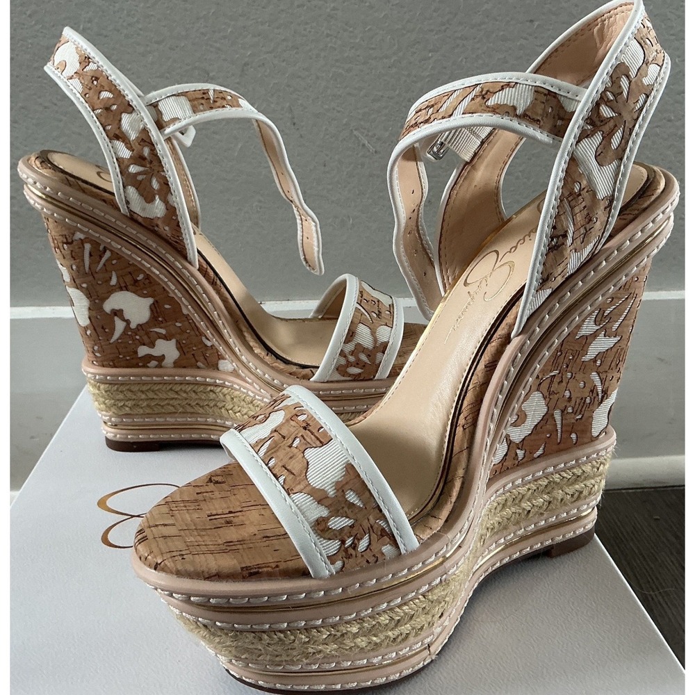 Jessica Simpson Ayala Floral Laser Cork Wedge Sandals Natural White Womens 7.5M - Picture 3 of 9